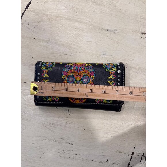 Montana West Color Sugar Skull Embroidered Black Wallet With Rhinestone Accents - Picture 5 of 7